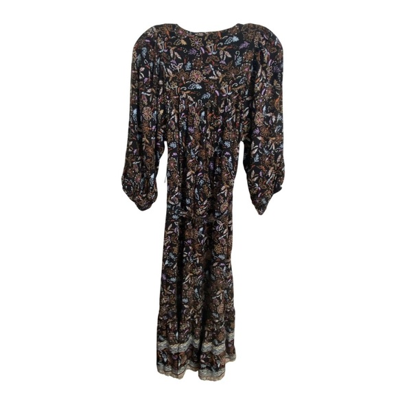 BeachLunchLounge Black Floral Puff Sleeve Midi Maxi Dress Tie Waist Boho XS NWT - Picture 5 of 13